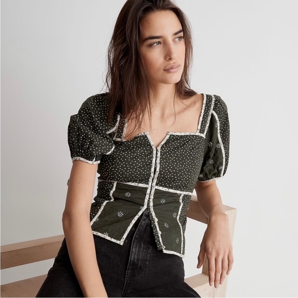 Madewell Patchwork Puff-Sleeve Crop Top Shirt Dark Forest